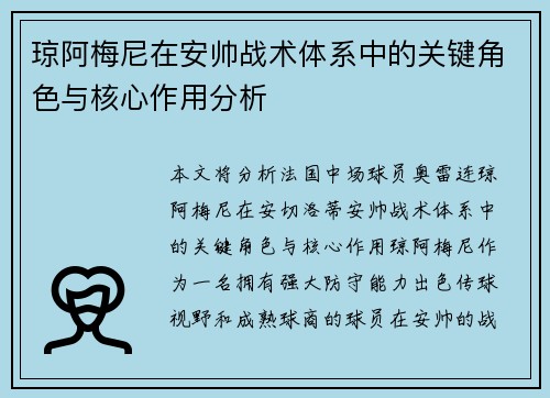 琼阿梅尼在安帅战术体系中的关键角色与核心作用分析
